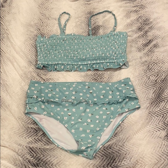 Other - Floral teal white ruffled bikini set FINAL PRICE